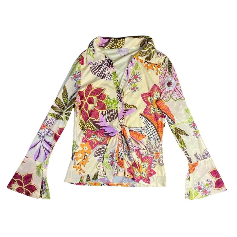 Ciebon Floral Flared Tie Front Button Top - L